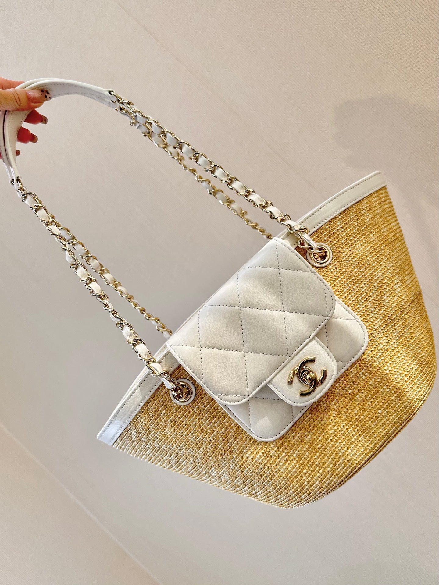 Large Shopping Bag   Braided Straw, Lambskin & Gold-Tone Metal  Beige & White